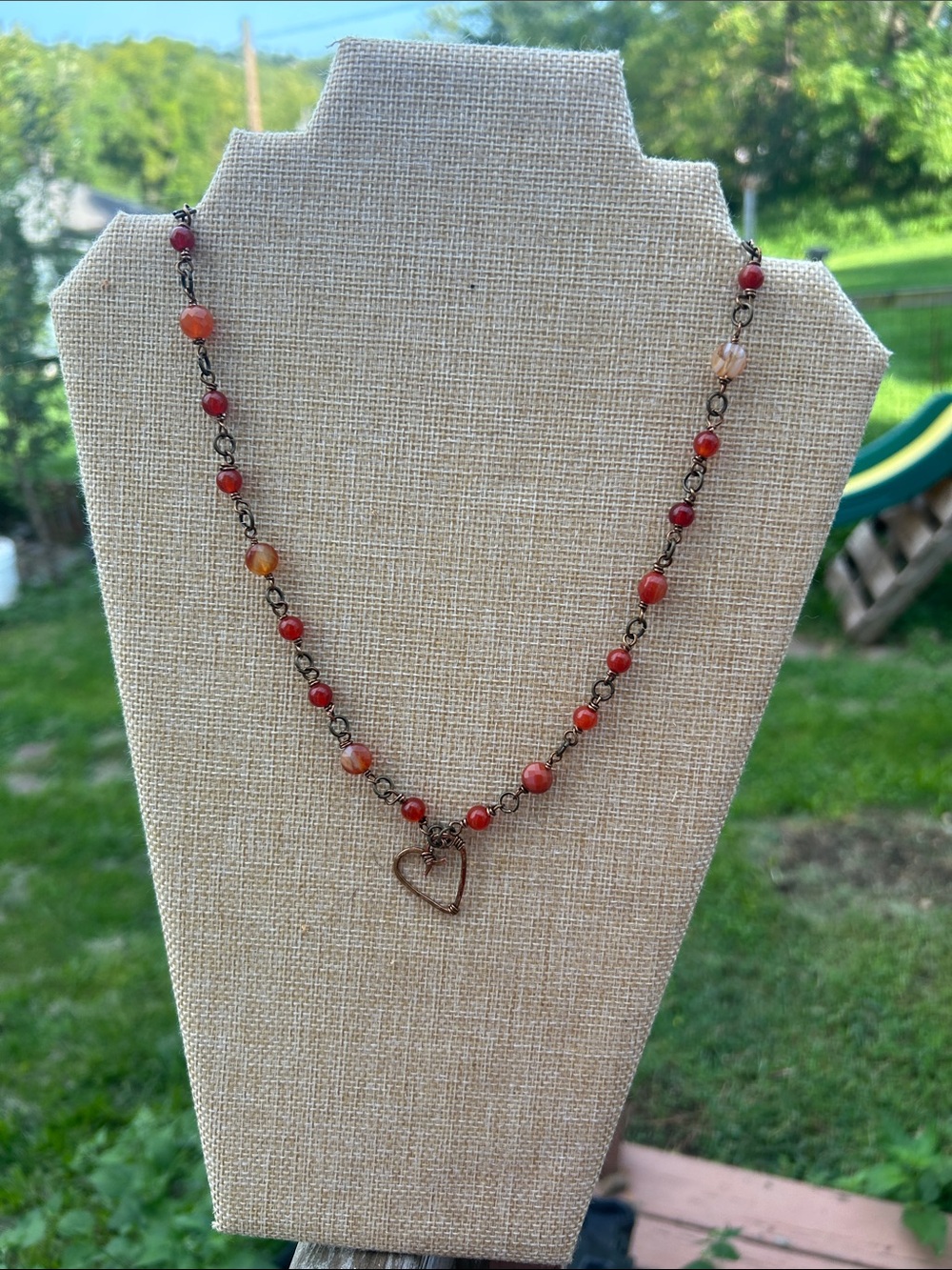 Artisan Fire Agate Beaded Necklace with Hammered Heart Pendant